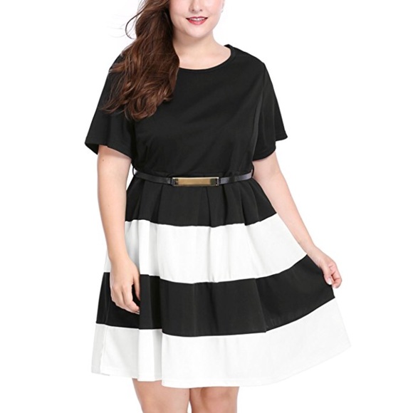 Plus Size Stripe Color Block Mini Skater Dress - Picture 2 of 5